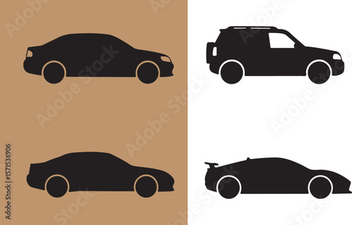 Silhouette collection of four distinct car types sedan suv coupe sports car in black