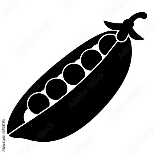 Graphic monochrome illustration of a pea pod filled with peas, food art