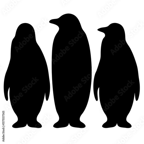 Three black silhouette penguins standing against a white background facing forward