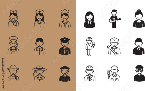 Line art illustrations representing different professions and occupations with happy smiling people