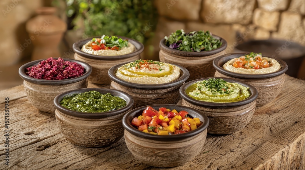 Fototapeta premium Assorted Bowls of Colorful Hummus and Toppings on Wooden Table