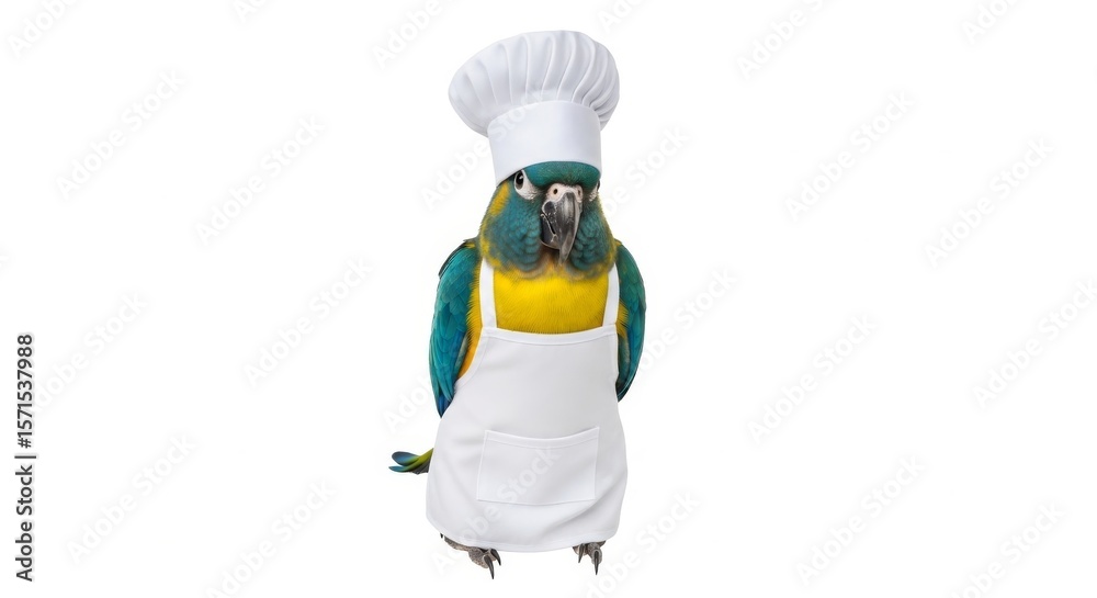 Fototapeta premium parrot dressed as a chef, wearing an apron and a tall chef’s hat, standing upright on a white background with a friendly and professional expression