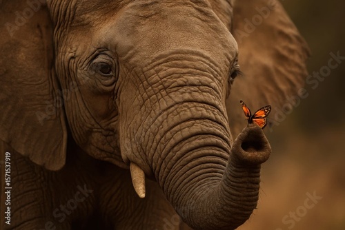 An elephant gently caresses a butterfly with its trunk