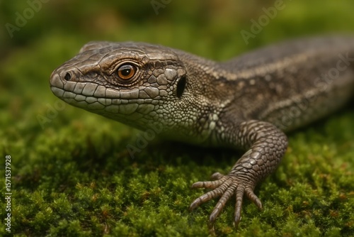 A solitary lizard gazes intently into the camera lens, its scales shimmering in the soft light of a mossy forest floor