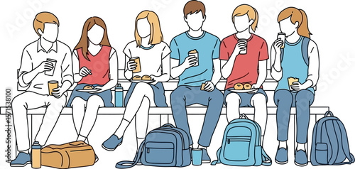 Students eating lunch break together on bench illustration vector graphic