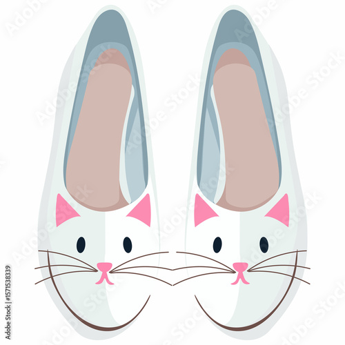 The image features a pair of white ballet flats designed with cute cat faces, complete with pink ears, noses, and brown whiskers on a clean white background.