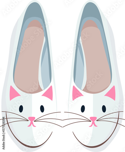 The image features a pair of white ballet flats designed with cute cat faces, complete with pink ears, noses, and brown whiskers on a clean white background.