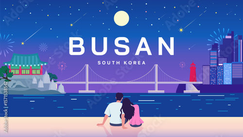 Busan, South Korea poster vector illustration. Beautiful Busan night and a couple leaning on each other