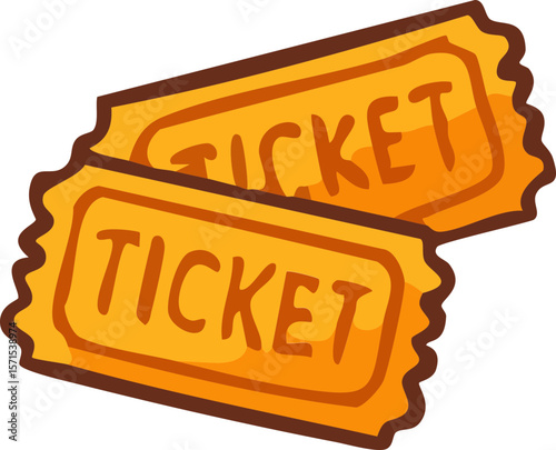 A colorful cartoon-style illustration of two orange carnival tickets with bold outlines and playful design.