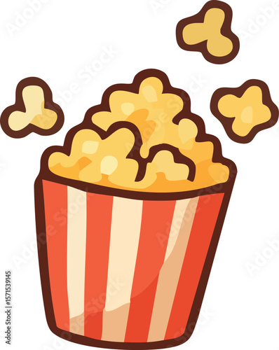 A cute cartoon-style illustration of a striped red-and-white popcorn bucket with buttery popcorn popping out.