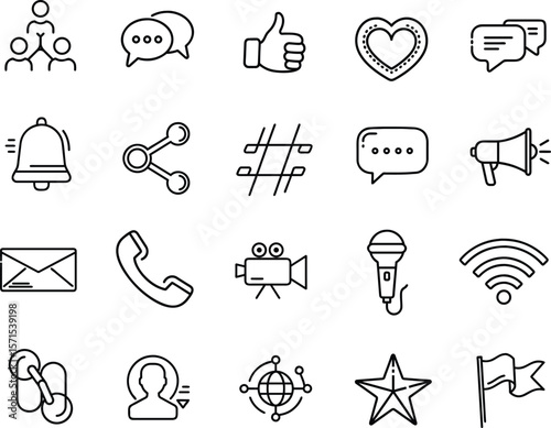 Social & Communication Outline Minimalist Icon Set – 20 Thin Line Symbols
