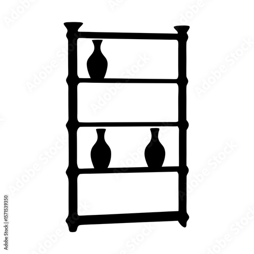 Black Silhouette of a Four Shelf Display Case with Three Vases