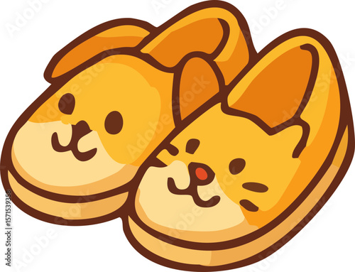 A cute cartoon-style illustration of cozy yellow slippers, one designed as a dog and the other as a cat, with playful facial features.
