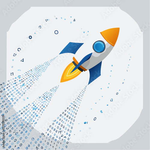 Orange And Blue Rocket Launching Through Digital Data Stream