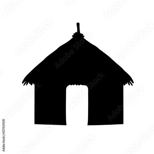 Silhouette of a Small Thatched Roof Hut Structure with an Open Entrance