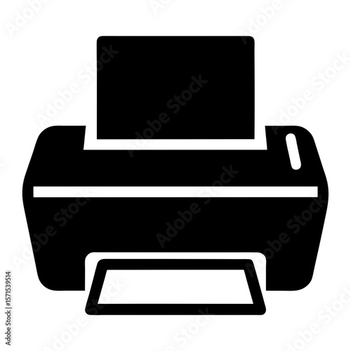 Black and white vector image of a printer producing documents