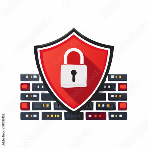 Red Shield Icon with Lock over Dark Brick Wall Representing Data Protection