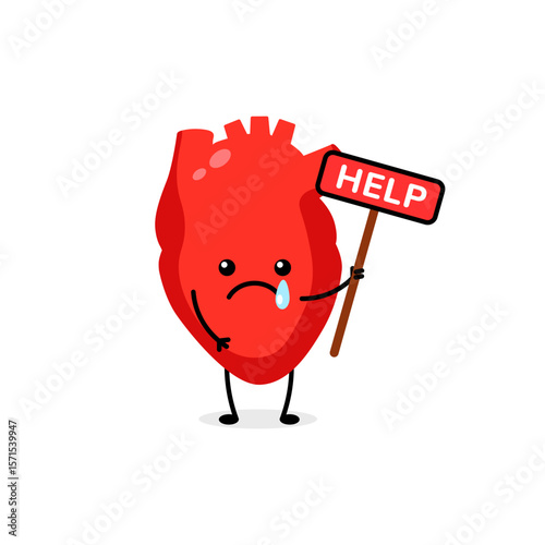 A sad cartoon heart holds a sign asking for help. it has a tear and a worried expression.