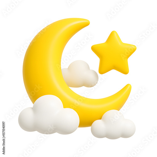 3D yellow moon and star icon with white clouds, isolated on transparent background