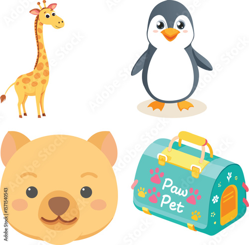 Vector art of a cheerful collection of cute cartoon animals, including a giraffe, penguin, bear face, and a stylish pet carrier bag