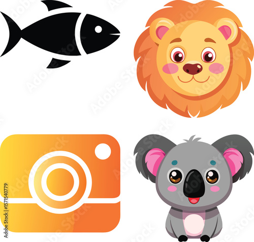 Vector art of charming animal icons including a fish, lion, and koala, along with a camera icon