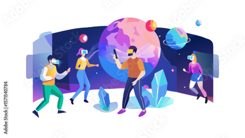 Virtual reality experience augmented reality vr headset metaverse digital world simulation technology people