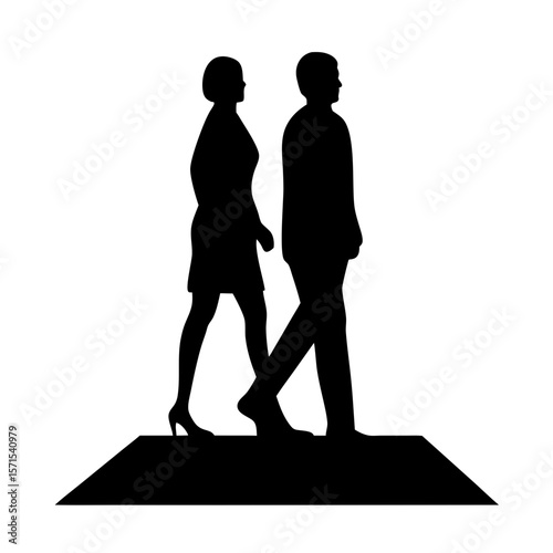 Silhouette of a man and woman walking on a platform in black