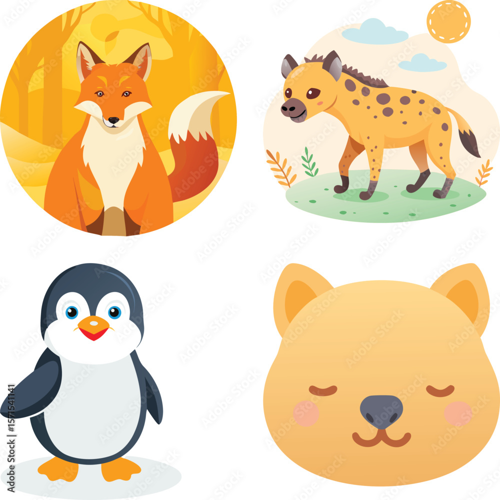 Fototapeta premium Vector art of adorable cartoon animals a fox in the autumn woods, a spotted hyena, a penguin, and a cute lion cub