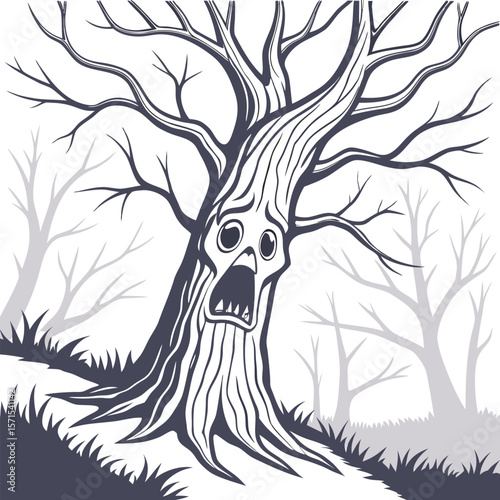 A spooky cartoonish anthropomorphic dead tree with a screaming face and bare branches stands in a misty forest on halloween