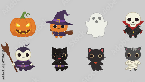 Adorable Halloween Cartoon Characters Pumpkins, Cats, Ghosts, and More!