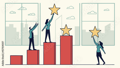 Business success reaching goals and achievements with star rating and career growth vector illustration