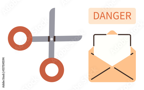Open scissors beside an envelope marked Danger, representing risk, caution, confidentiality, mail security, cyber threats, sharp objects, and warnings. Ideal for safety hacking or privacy themes