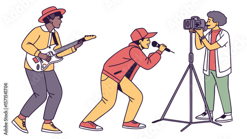 Live music performance with guitarist singer and videographer capturing the concert event on camera setup