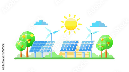 Solar panels and wind turbines for renewable energy generation and sustainable living concept illustration