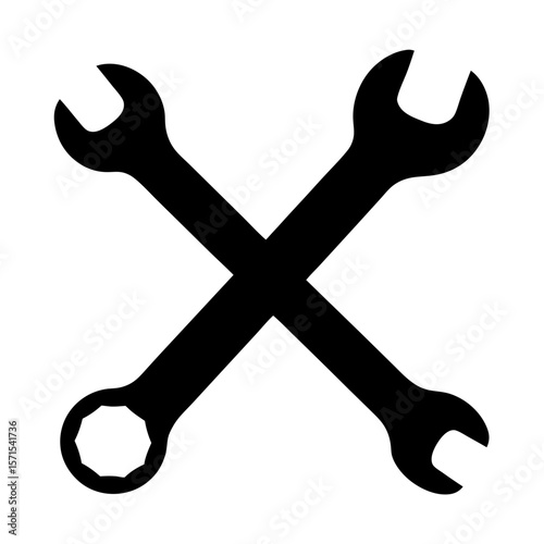 Two crossed wrenches in black silhouette on a white background showing repair