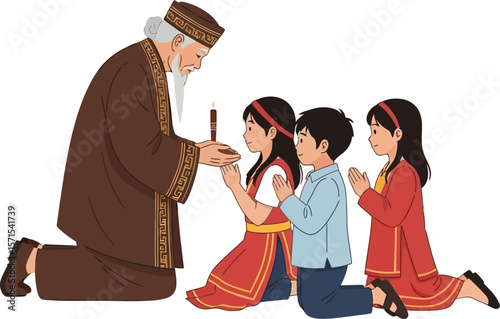Illustration of children receiving blessing from elder with candle ceremony