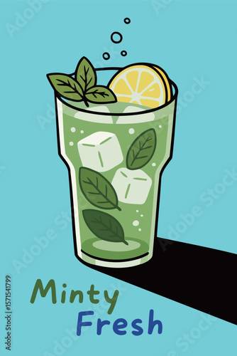 Minty Fresh Beverage with Ice Lemon and Leaves