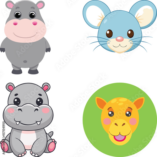Vector art of adorable cartoon hippos, a cute mouse face, and a camel face illustration