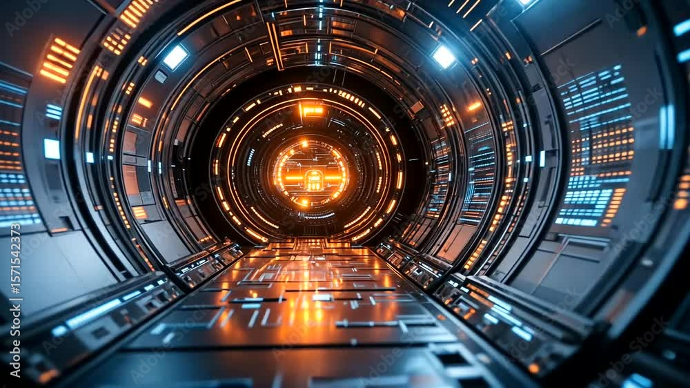 Futuristic spaceship tunnel with neon lights and metallic walls sci-fi corridor visuals