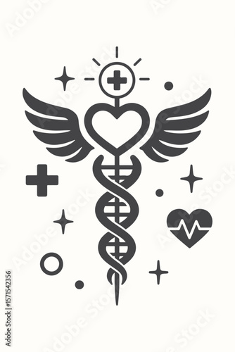 A white background features a caduceus medical symbol, an iconic vector illustration of healthcare, with intertwined snakes and wings, representing medicine and care