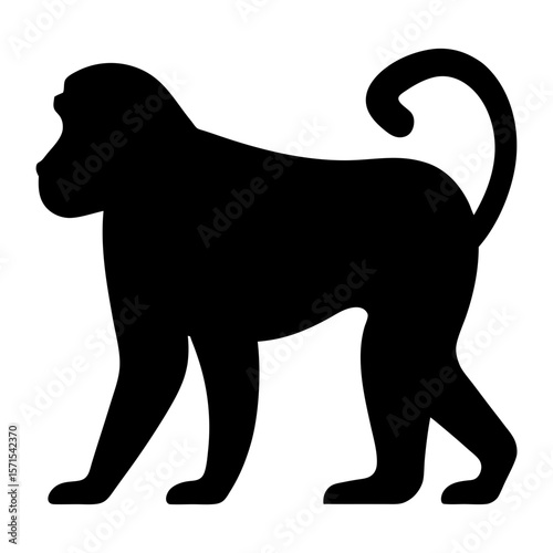 Silhouette of a baboon walking with a curly tail on a white background