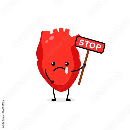 Cartoon heart holds a stop sign. it has a frown and a tear, conveying sadness or warning.