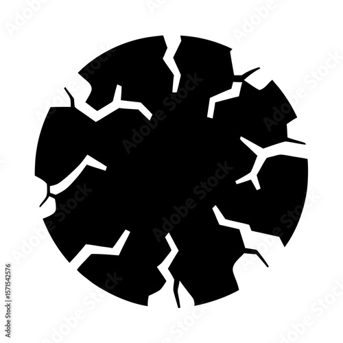 Abstract Black Circle with White Fractures and Cracks on White Background