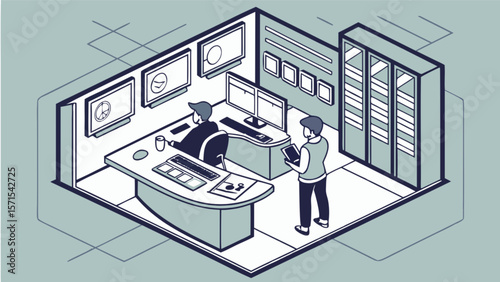 Isometric security control room with operators monitoring screens and data center illustration vector design