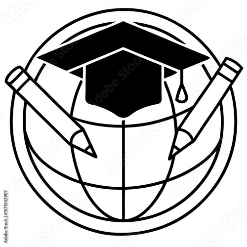Graduation cap placed on a globe with pencils arranged around it – global education concept