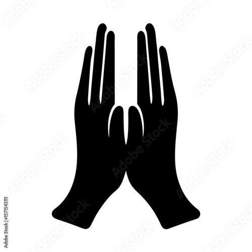 A black and white graphic depiction of two hands in prayer