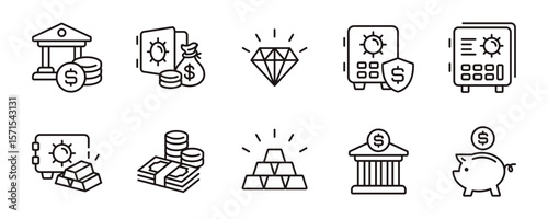 set of bank icon line vector business financial savings currency money bag, gold bar, piggy bank, building, safe, diamond, pile of coin signs vector outline illustration
