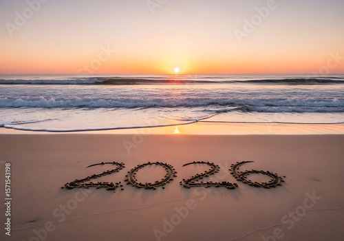 New Year's Eve celebration on the beach with the year 2026 written in the sand