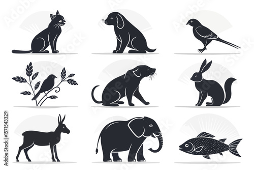 A collection of animal silhouettes, isolated on white background