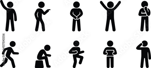 Stickman figures expressing human emotions and gestures such as sadness, joy, confusion, and approval through body language in black silhouettes